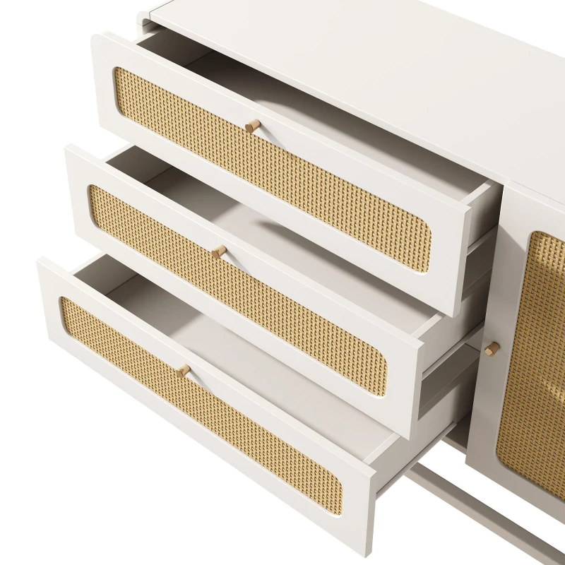 Cassettiera 3 cassetti in rattan dallo stile country con maniglie dorate e 1 anta, 120x40x85 cm, Bianco