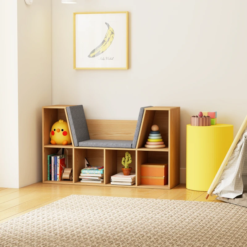 HOMCOM Kinderboekenkast 2-in-1 Kinderrek Speelbank 103 cm incl. Kussens Grijs Naturel(m-11)