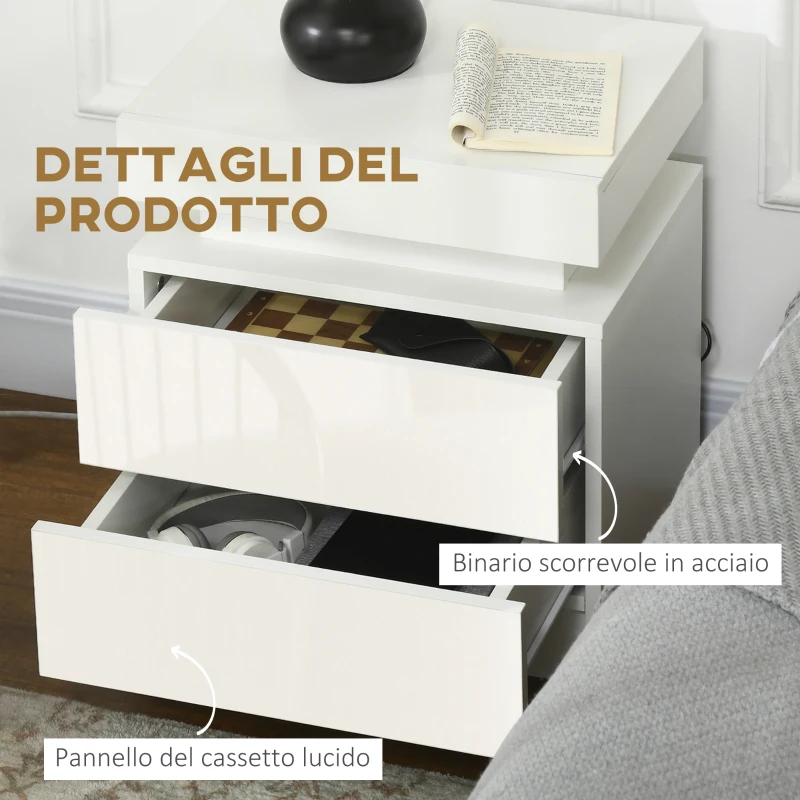 HOMCOM Comodino LED RGB con 2 cassetti, 4 Modalità di luce e 16 colori, in Legno, 45x35x52 cm, Bianco