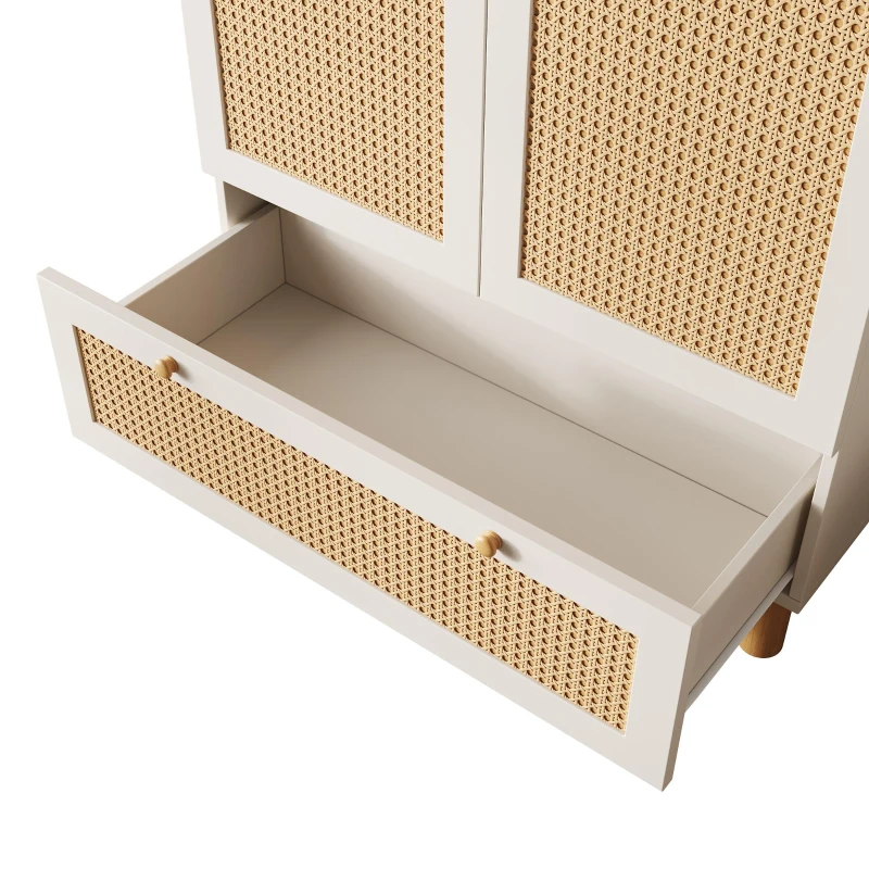 Armadio portaoggetti a 2 ante con frontale in rattan, ampio cassetto, ripiani regolabili e barra appendiabiti, 85.5x52x180.5 cm, Bianco