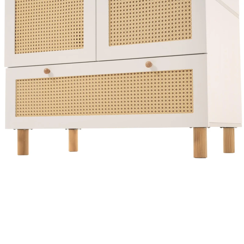 Armadio portaoggetti a 2 ante con frontale in rattan, ampio cassetto, ripiani regolabili e barra appendiabiti, 85.5x52x180.5 cm, Bianco