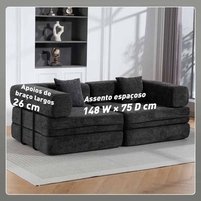 HOMCOM Sofá Cama de 2 Lugares Dobrável Estofado em Chenilla com 2 Almofadas Braços Largos Acolchoamento Grosso  Cinzento Escuro