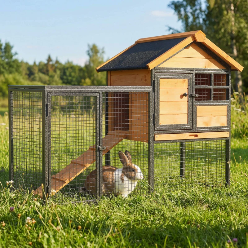 Pawhut Konijnenhok Tweevoudige Waterdichte Anti-slip Verhoogd Afsluitbare Deur Buiten Hout Metaal Bruin(m-12)