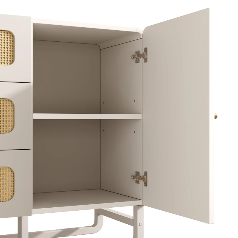 Cassettiera 3 cassetti in rattan dallo stile country con maniglie dorate e 1 anta, 120x40x85 cm, Bianco