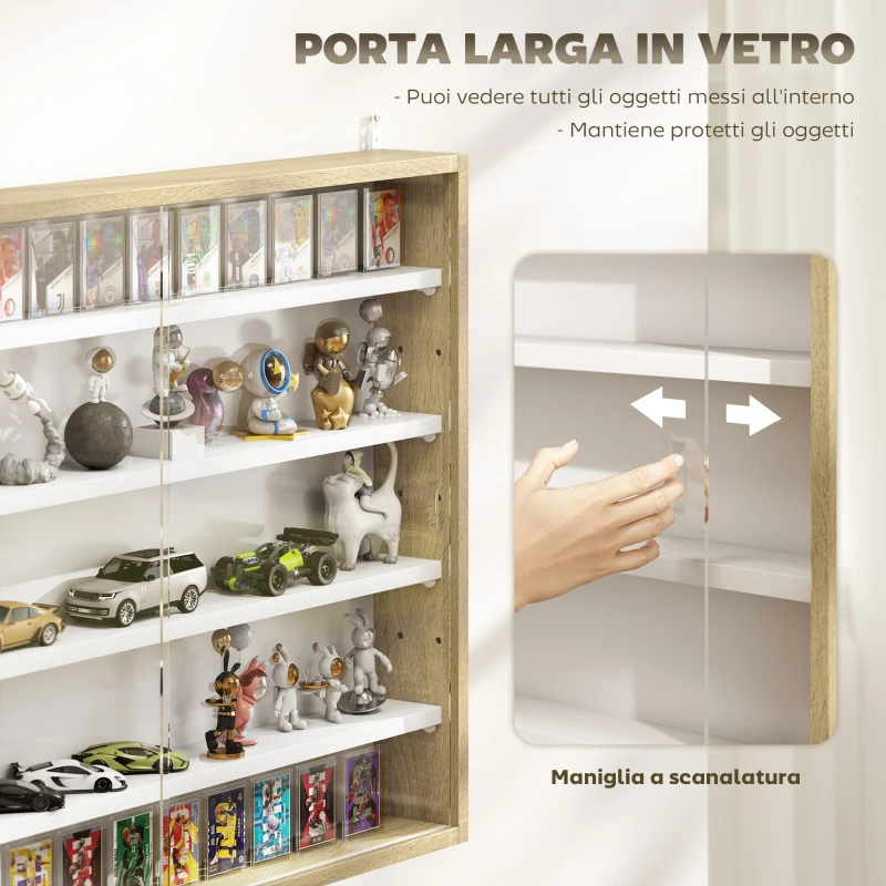 HOMCOM Bacheca Portaoggetti a 4 Ripiani Regolabili in Legno con Ante in Vetro, 80x9.5x60 cm, Bianco e color Legno