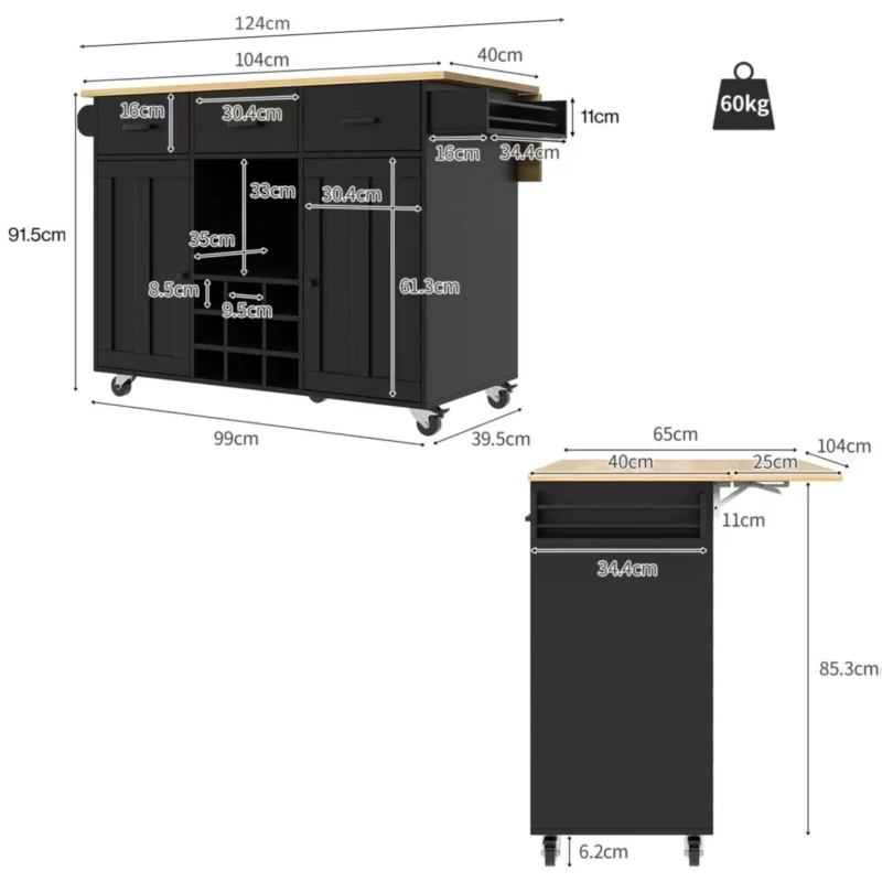 Desserte de cuisine avec plateau rabattable, 3 tiroirs, 2 portes, casier à bouteilles et porte-serviette, 124x40/65x91,5 cm, Noir
