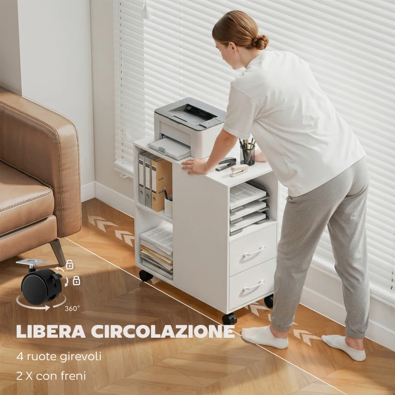 HOMCOM Tavolino con Ruote Minimal con 2 Cassetti, Vano Aperto e Ripiano Regolabile, in Legno, 60x30x65 cm, Bianco