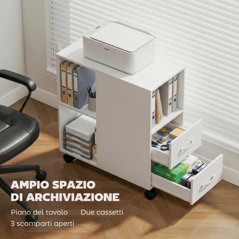 HOMCOM Tavolino con Ruote Minimal con 2 Cassetti, Vano Aperto e Ripiano Regolabile, in Legno, 60x30x65 cm, Bianco