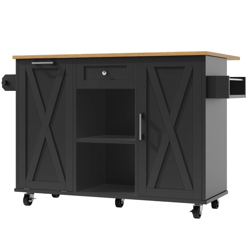 Îlot de cuisine moderne au design pliable, desserte/table à manger multifonction avec étagères pour snacks et armoires extensibles, 142x40/63x87 cm, Noir
