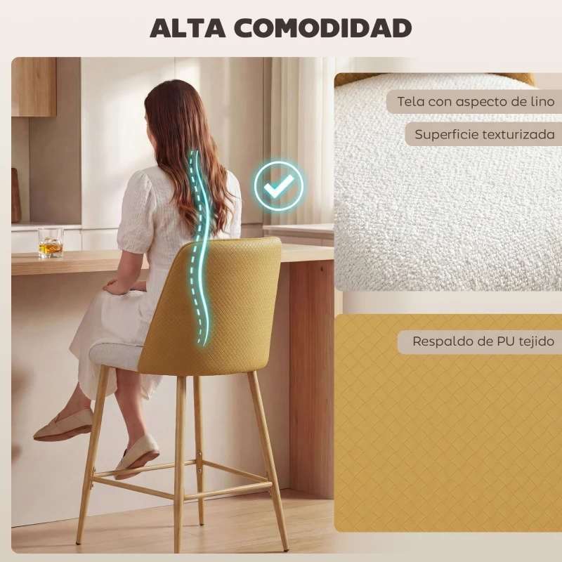 HOMCOM Juego de Taburetes Altos de Cocina con Respaldo y Reposapiés Tapizados de Lino y PU Marco de Acero Marrón