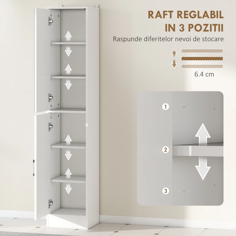 kleankin Dulăpior Coloană de Baie din Lemn cu 5 Rafturi și Ușă cu Oglindă, 32x28x162 cm, Alb