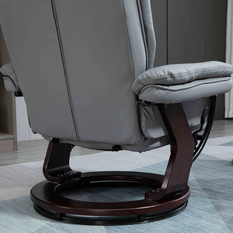 HOMCOM Recliner Chair With footstool, Recliner Armchair up to 130kg Weight Capacity, 135° Reclining Swivel Sofa Chair, PU Leather Ergonomic Couch Bed with Swivel Wood Base for Living Room, Grey