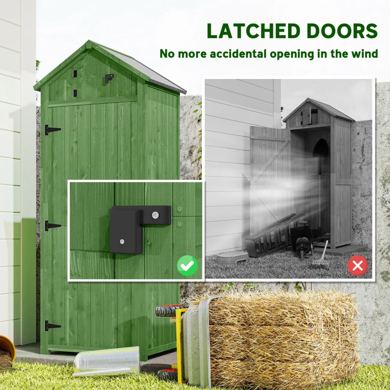 Outsunny Small Shed, Tall Slim Wooden Garden Shed with 3 Removable Shelves and Roof Hatch, Compact Outdoor Tool Storage Cabinet with Asphalt Roof and Door Latch, 77 x 54.2 x 179 cm, Green