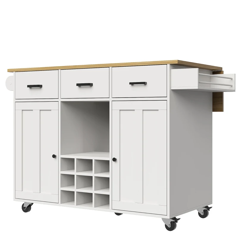 Desserte de cuisine avec plateau rabattable, 3 tiroirs, 2 portes, casier à bouteilles et porte-serviette, 124x40/65x91,5 cm, Blanc