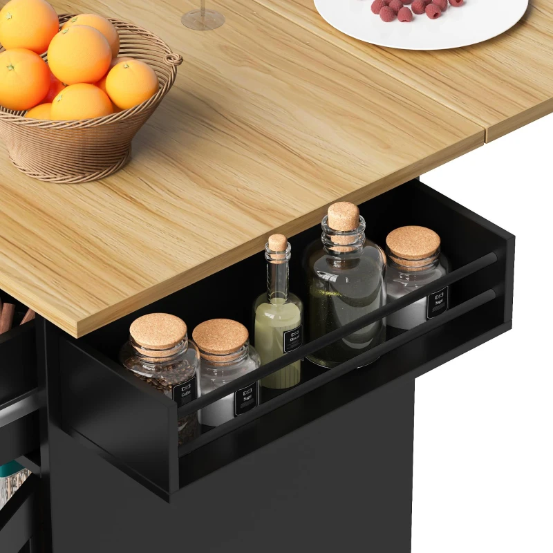 Desserte de cuisine avec plateau rabattable, 3 tiroirs, 2 portes, casier à bouteilles et porte-serviette, 124x40/65x91,5 cm, Noir