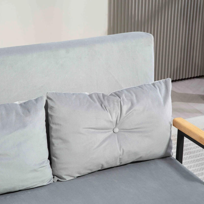 HOMCOM 4-in-1 Velvet-Feel Double Sofa Bed, with Pillows - Light Grey