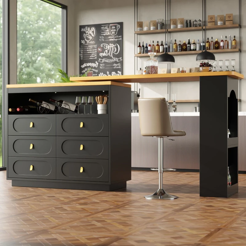 Mesa de bar extensible con 360°-función giratoria, 6 cajones y estante lateral para aperitivos, 137-203x39x90 cm, Negro