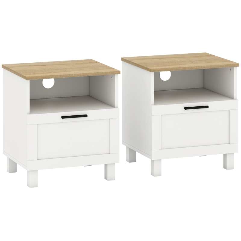 HOMCOM Juego de 2 Mesitas de Noche Mesillas de Noche con Cajón Compartimento Abierto Patas de Madera 45x38x50 cm Blanco