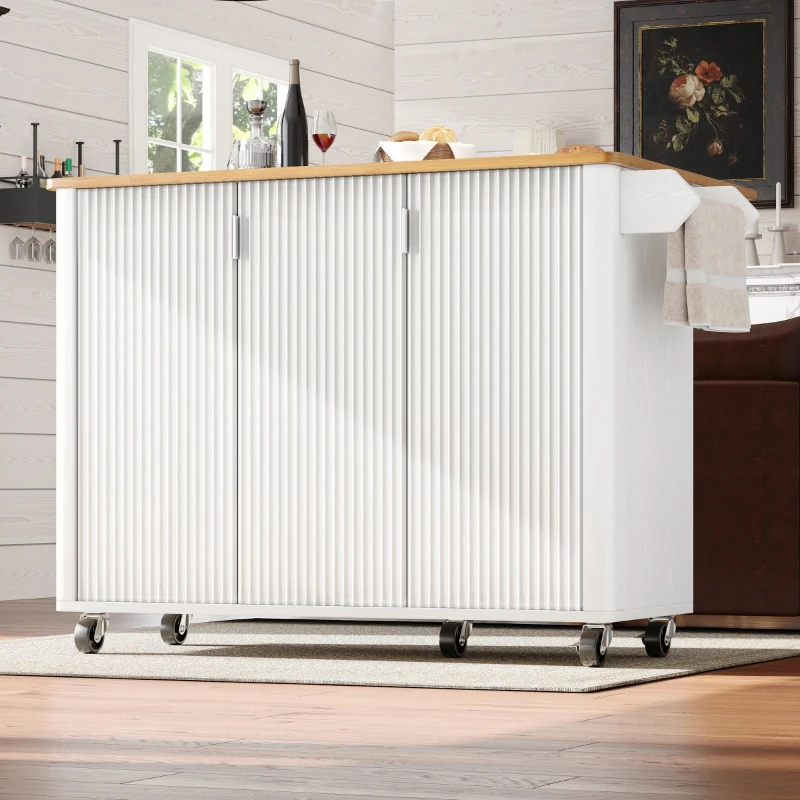 Isla de cocina móvil con encimera abatible, 3 puertas, toallero y estante para especias, 130x45/75x92 cm, Blanco