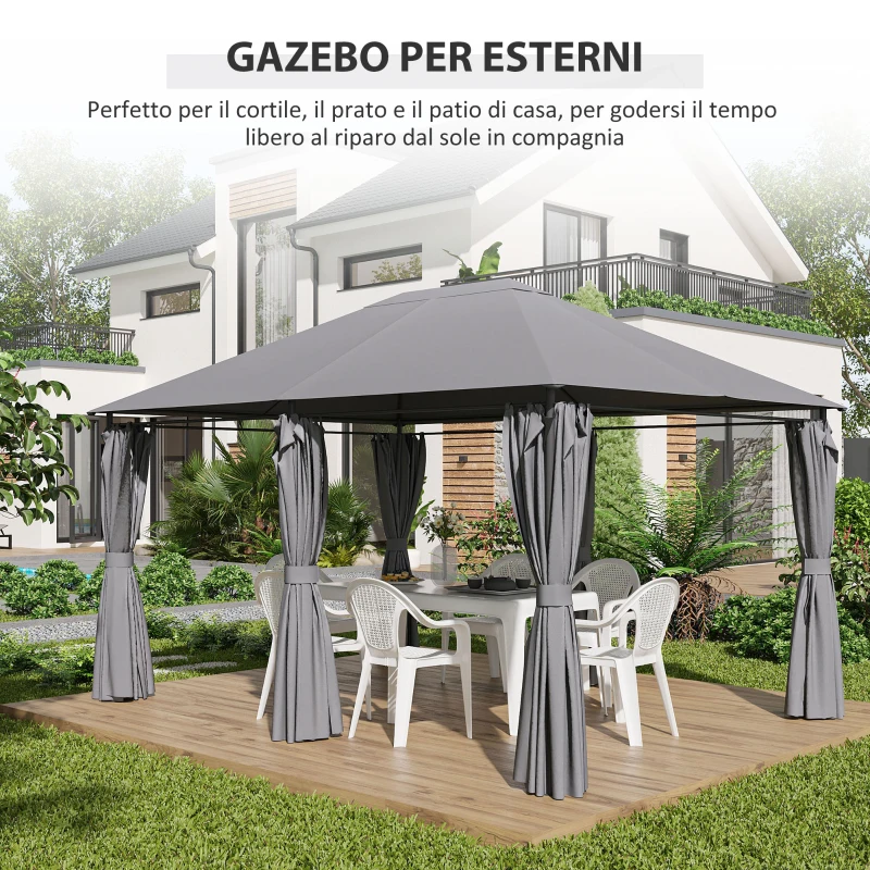 Outsunny Gazebo 3x4 m con 6 Pareti Rimovibili, 8 Fori di Drenaggio e 12 Picchetti, in Acciaio e Poliestere, Grigio e Nero