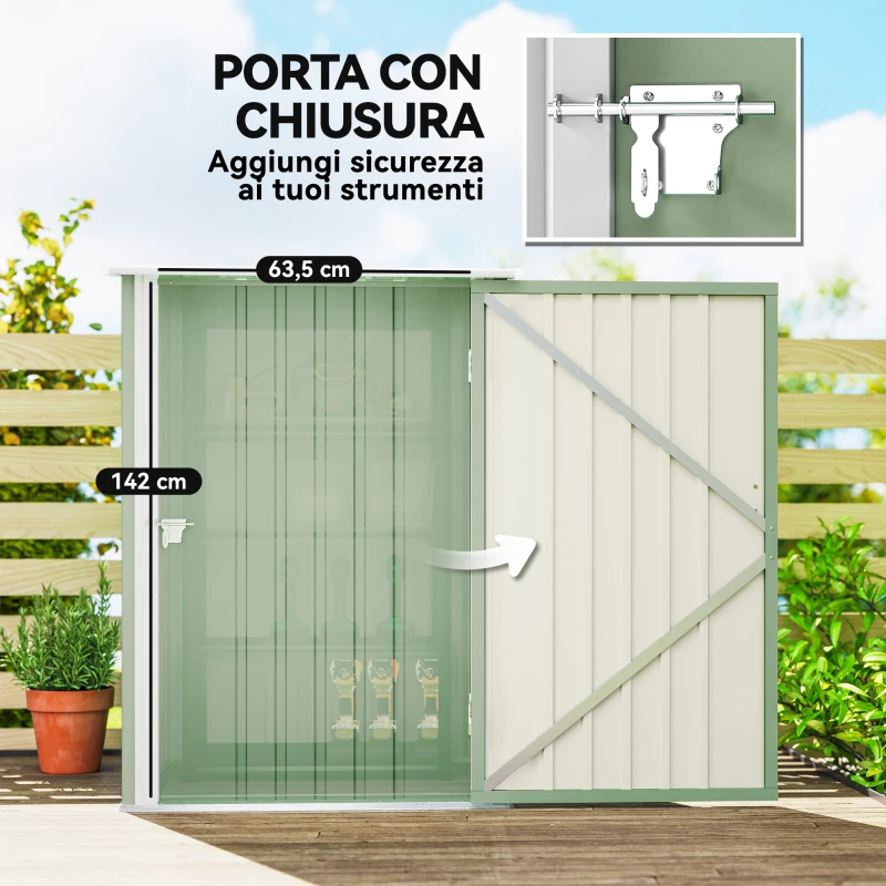 Outsunny Casetta da Giardino Porta Attrezzi in Acciaio Galvanizzato con Porta, 100x104x160 cm, Verde Chiaro