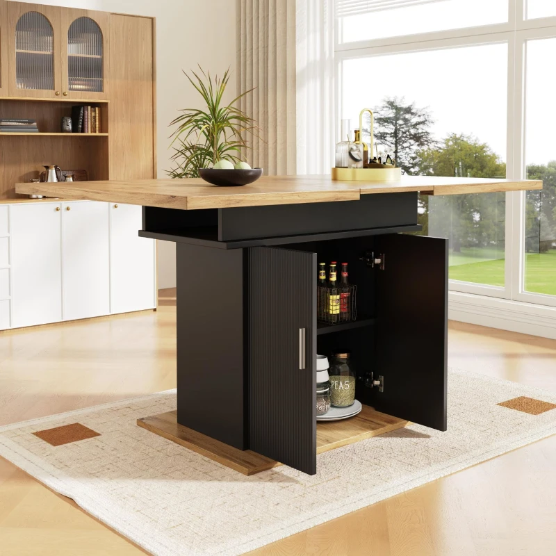 Mesa de comedor extensible con 3 niveles de almacenaje, 110-140L x 70AN x 76AL cm, Negro