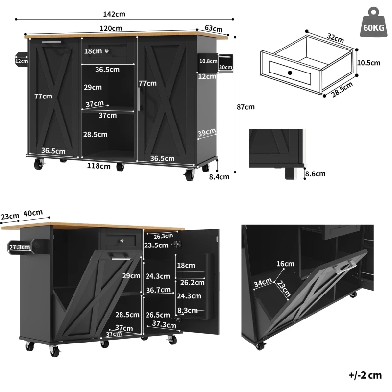 Îlot de cuisine moderne au design pliable, desserte/table à manger multifonction avec étagères pour snacks et armoires extensibles, 142x40/63x87 cm, Noir