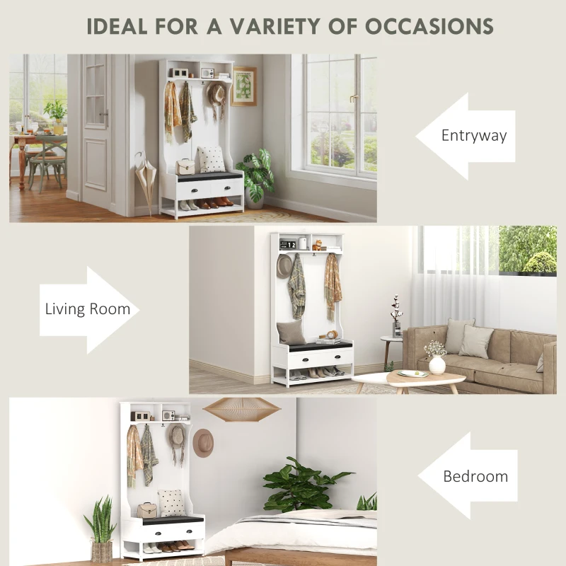 HOMCOM 2 w 1 wieszak na ubrania, wieszak na ubrania z 4 wieszakami, garderoba z ławką na buty i półkami, wieszak na ubrania z zabezpieczeniem antyprzechyleniowym, do przedpokoju, korytarza, sypialni, biały + szary