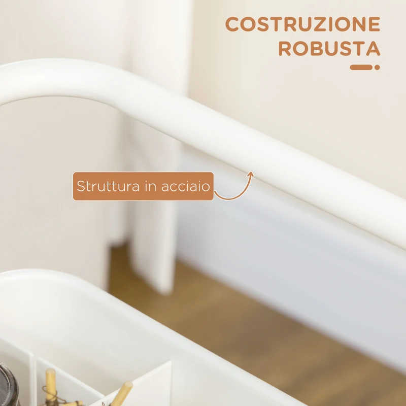 HOMCOM Carrello Cucina Multiuso a 3 Livelli con Cestini e Ganci Rimovibili, Ripiano con 12 Divisori, Bianco