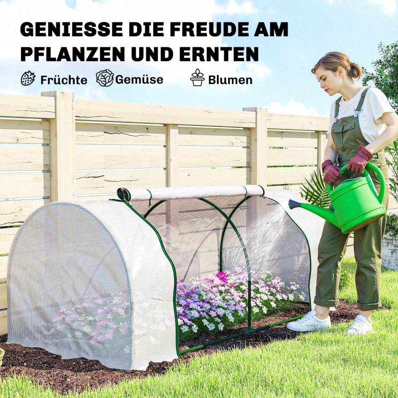 Outsunny Gewächshaus mit PE-Gitterfolie, winterfest Foliengewächshaus aus Stahl, Treibhaus 200 x 100 x 80 cm Weiß