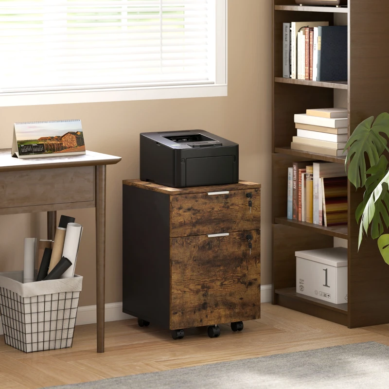 HOMCOM Two-Drawer Lockable Filing Cabinet - Black and Rustic Brown