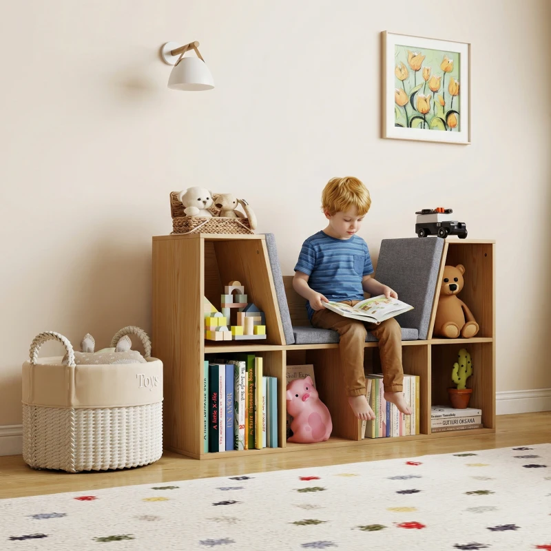 HOMCOM Kinderboekenkast 2-in-1 Kinderrek Speelbank 103 cm incl. Kussens Grijs Naturel(m-12)