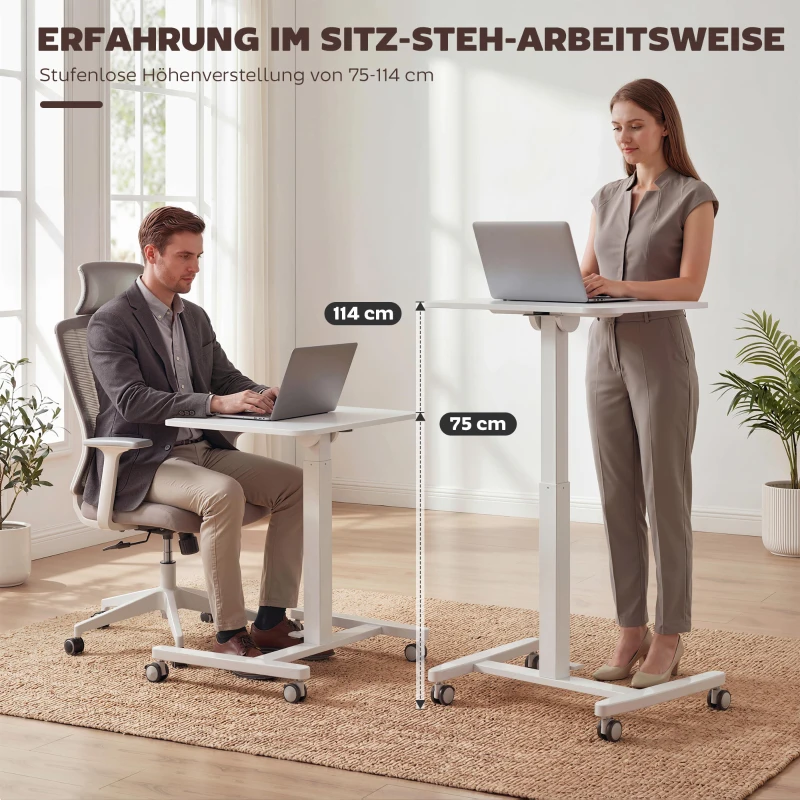 HOMCOM In hoogte verstelbaar zit-sta bureau, verrijdbaar bureau met kantelbaar tafelblad, veiligheidsstop, wielen, wit