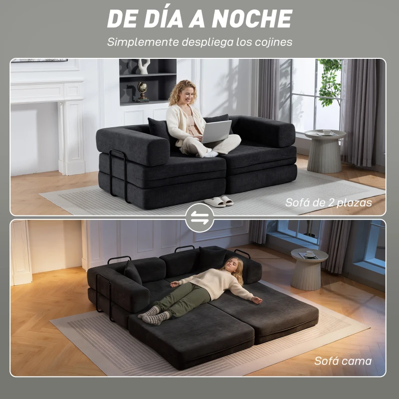 HOMCOM Sofá Cama de 2 Plazas Plegable Tapizado en Chenilla con Acolchado Grueso Reposabrazos Anchos 2 Almohadas Gris Oscuro