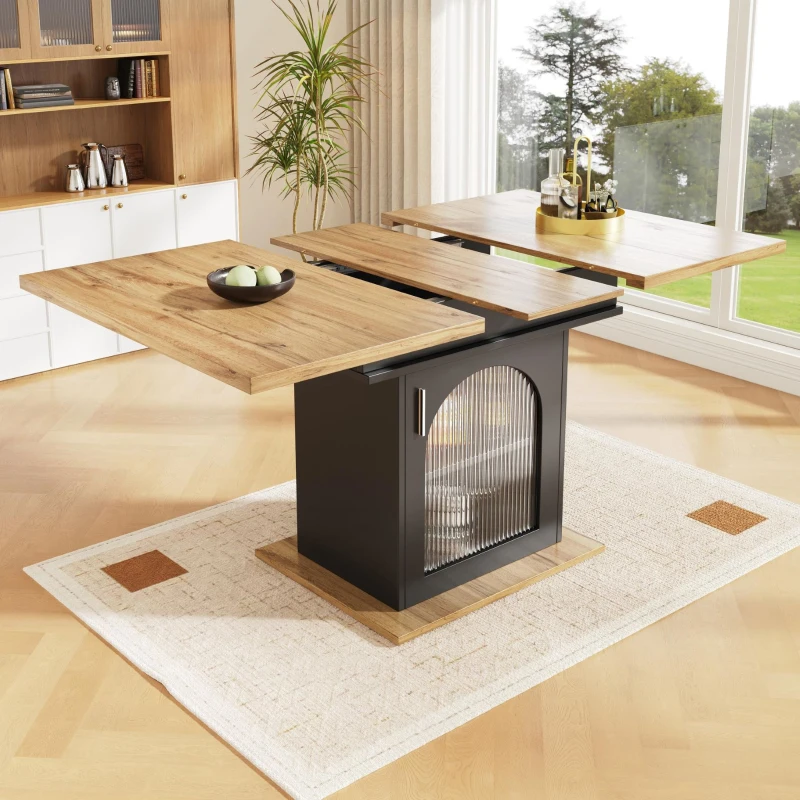 Mesa de comedor extensible con 3 niveles de almacenaje y puertas de vidrio, 110-140x80x76 cm, Negro