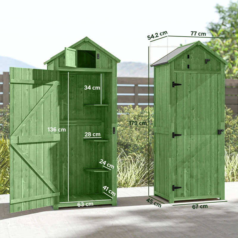 Outsunny Small Shed, Tall Slim Wooden Garden Shed with 3 Removable Shelves and Roof Hatch, Compact Outdoor Tool Storage Cabinet with Asphalt Roof and Door Latch, 77 x 54.2 x 179 cm, Green