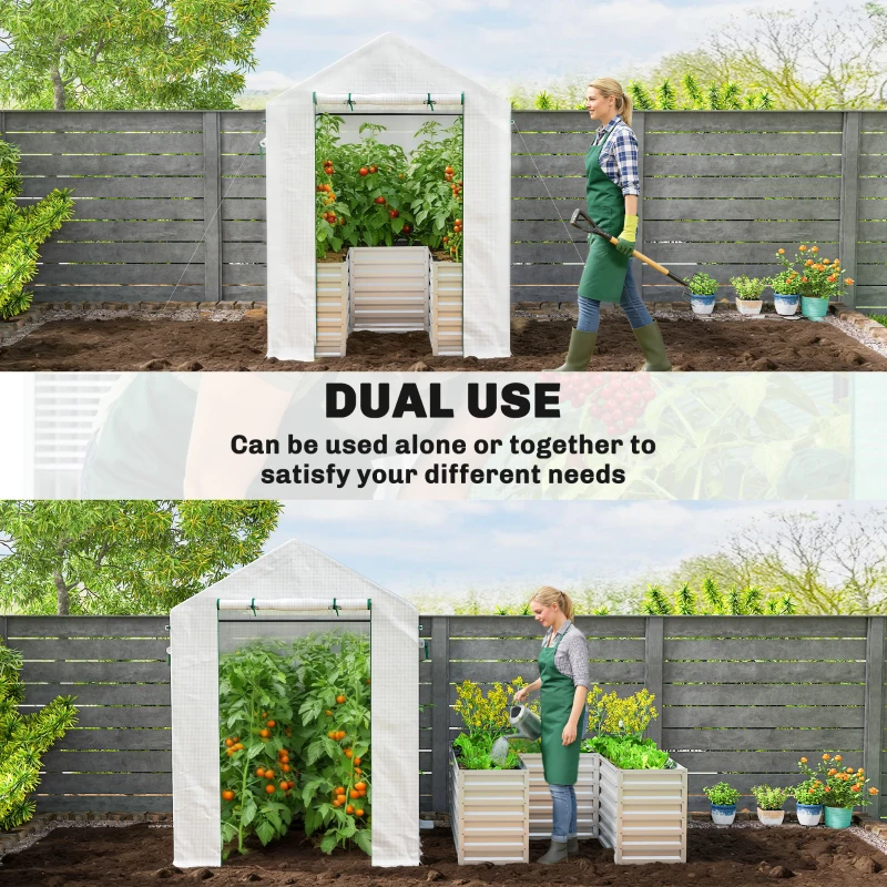 Outsunny Szklarnia foliowa z grządką podwyższoną, drzwiami rolowanymi i oknami, szczytowy dach 141 x 141 x 190 cm, biały