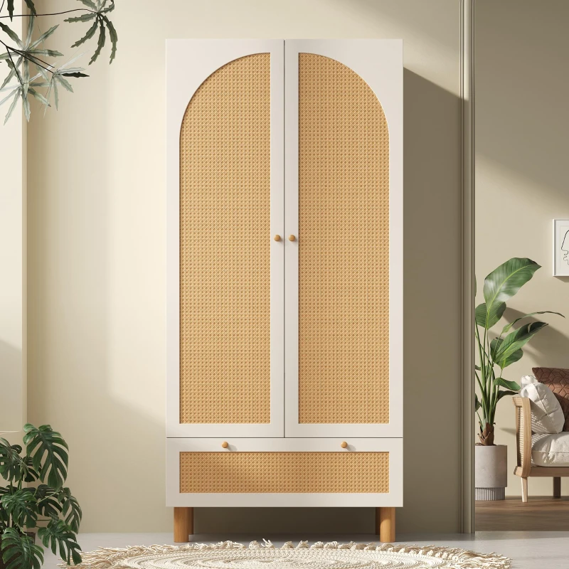 Armadio portaoggetti a 2 ante con frontale in rattan, ampio cassetto, ripiani regolabili e barra appendiabiti, 85.5x52x180.5 cm, Bianco