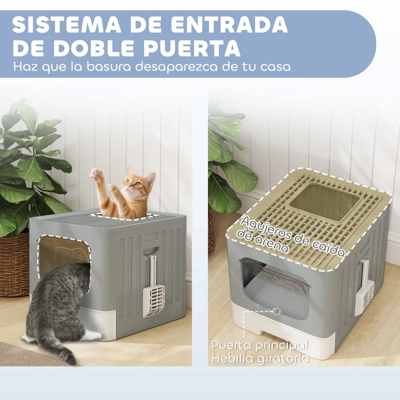 PawHut Arenero para Gatos Plegable M con Tapa Enrejada Bandeja Extraíble Pala Gancho Lateral Fácil de Limpiar Antifugas Gris