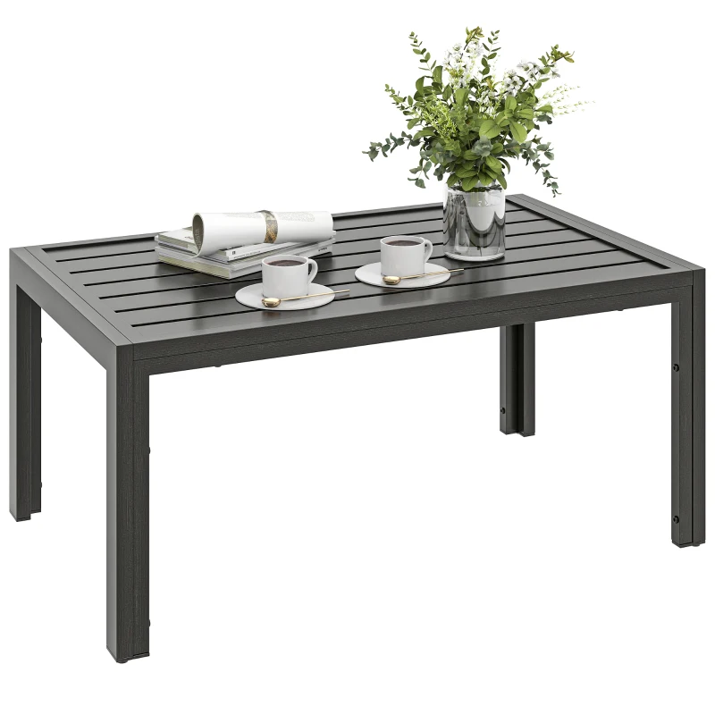 Outsunny Outdoor Side Table, Rectangular Patio Coffee Side Table with Steel Frame and Slat Tabletop for Garden, Balcony, Grey