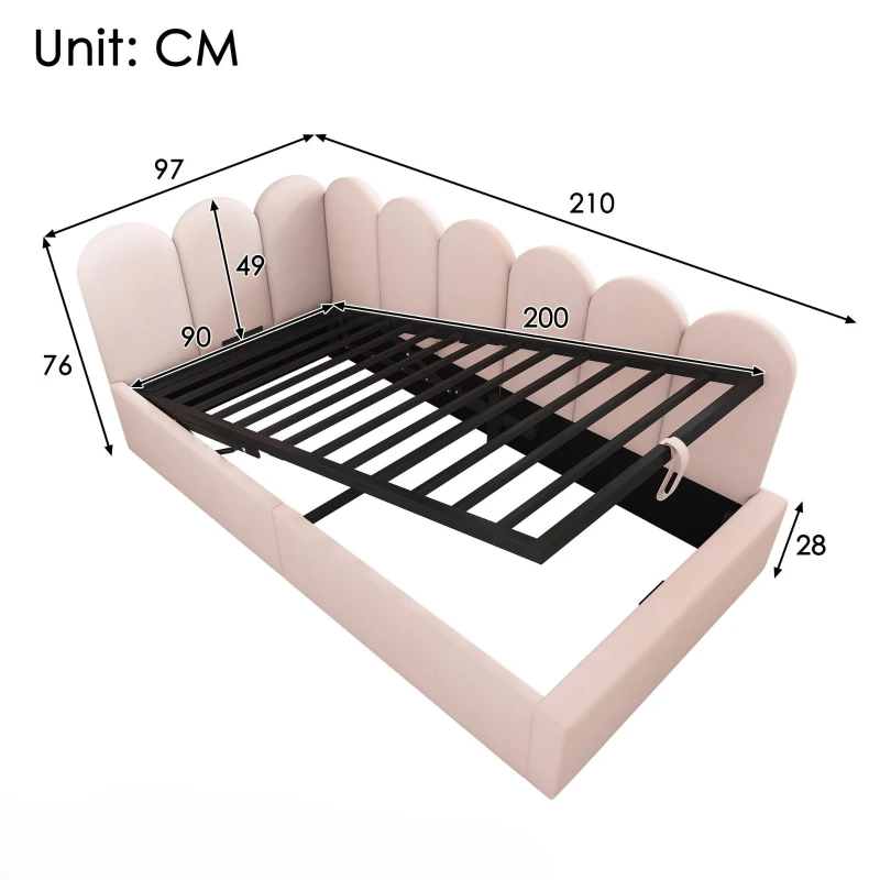 Cama de día tapizada con almacenamiento hidráulico, tapicería de terciopelo y somier de lamas metálicas, sin colchón, 90x200 cm, Rosa