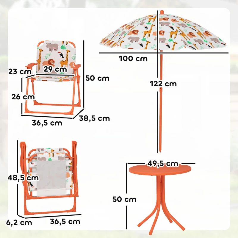 AIYAPLAY Salon de jardin enfant, table enfant avec 2 chaises pliantes et parasol Ø 100 cm, motif animal, orange