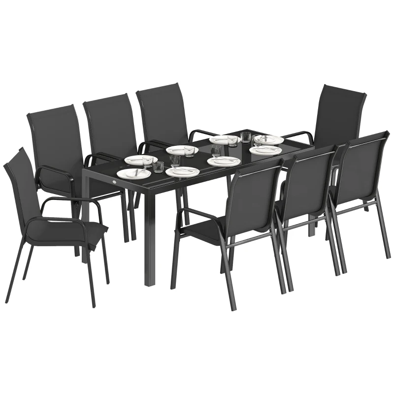 Outsunny Juego de Comedor de Jardín 9 Piezas, Mesa y Sillas para 8 Personas, Set de Exterior con Sobre en Vidrio Templado, Negro