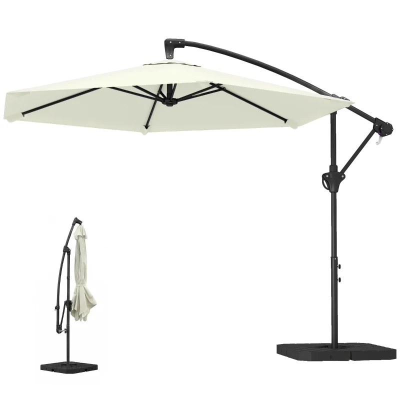 Outsunny Guarda-Sol Suspenso Aprox. Ø300 cm com Mecanismo de Travamento Manivela Base e Pesos Creme Branco