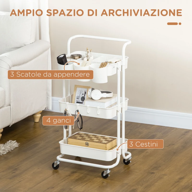 HOMCOM Carrello Cucina Multiuso a 3 Livelli con Cestini e Ganci Rimovibili, Ripiano con 12 Divisori, Bianco