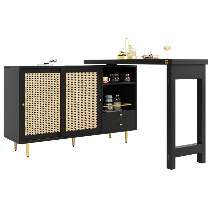 360° giratorio mesa alta de diseño extensible con tablero abatible, armario de almacenamiento con puerta de ratán + estantería abierta, 107x40x71,4 cm, Negro