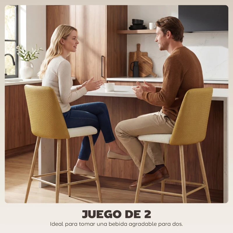 HOMCOM Juego de Taburetes Altos de Cocina con Respaldo y Reposapiés Tapizados de Lino y PU Marco de Acero Marrón