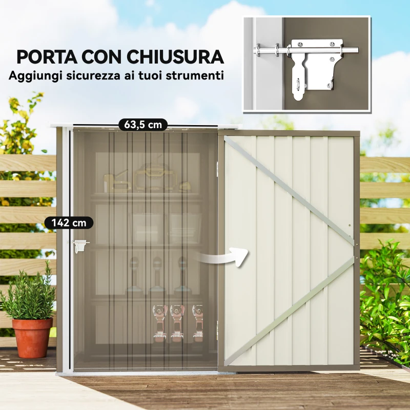 Outsunny Casetta da Giardino Porta Attrezzi in Acciaio Galvanizzato con Porta, 100x104x160 cm, Marrone e Bianco