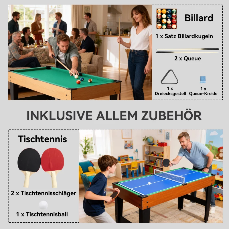 SPORTNOW 5-in-1 Multispiel-Tisch, 53 Zubehör-Teile, Tischfußball, Tischhockey , Tischtennis, Billard, Basketball, Walnuss