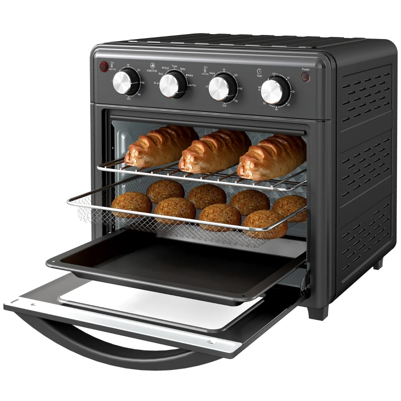 HOMCOM Mini Piekarnik z termoobiegiem 30 L 1600W 90-230℃ z timerem 60 min, wewnętrznym oświetleniem, tacką na okruchy, blachą do pieczenia, rusztem grillowym, koszem do smażenia, piekarnik do pizzy, czarny